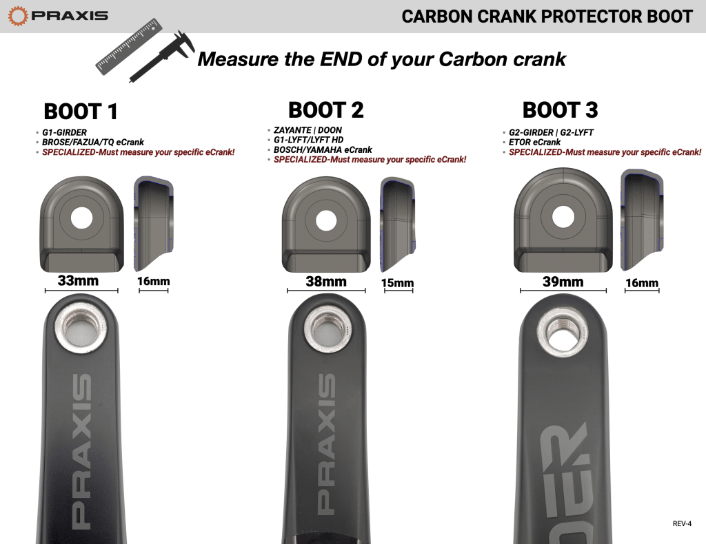 PROTECTOR BIELA PRAXIS CRANK BOOT #3  *SET* G2 GIRDER / SPECIALIZED “SL” M30 MTN eCranks / SPECIALIZED ISIS eCranks 160mm